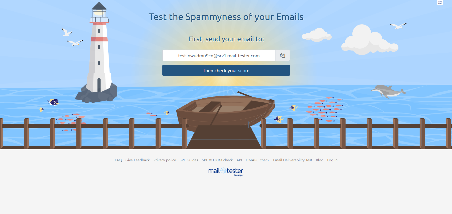 Spam score: A webpage with a boat tied to a wooden dock, a lighthouse, seagulls, and fish. The page prompts users to test email spamminess by entering an email address and clicking a button labeled “Then check your score.”.