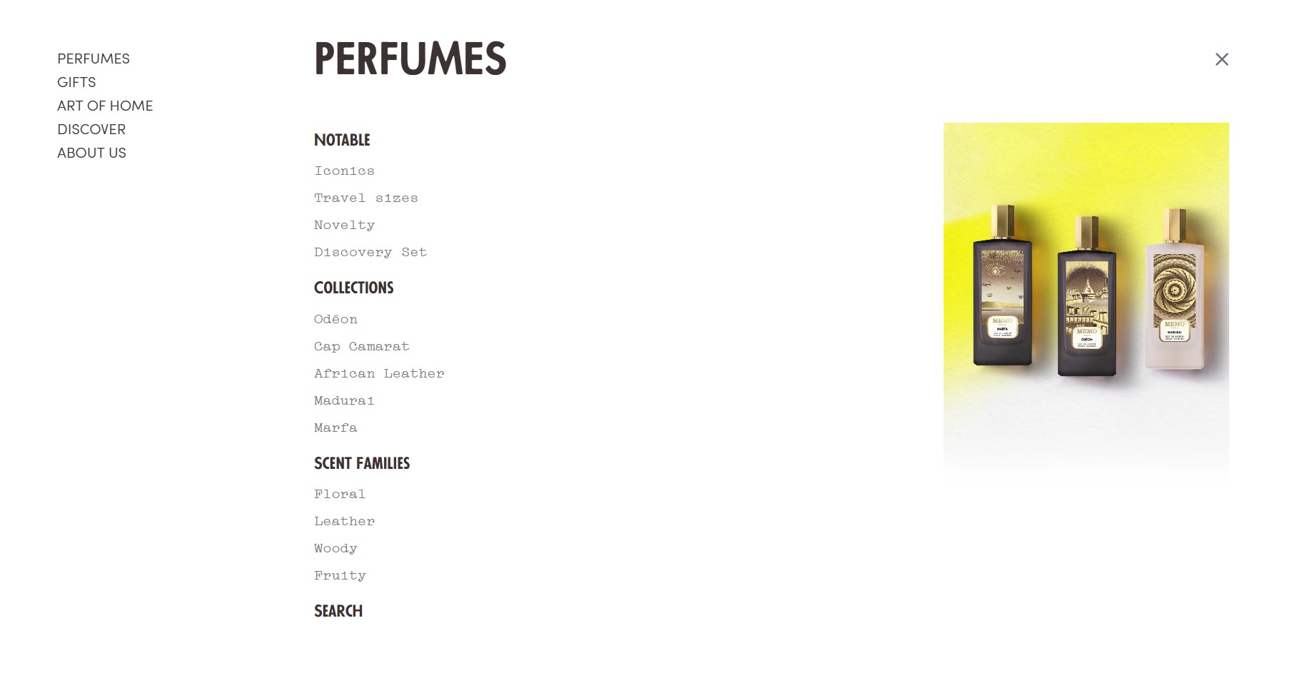 Ecommerce website examples: A minimalist webpage for perfumes shows a menu on the left and three perfume bottles on the right, standing against a yellow and white background. Menu categories include Notable, Collections, Scent Families, and Search.