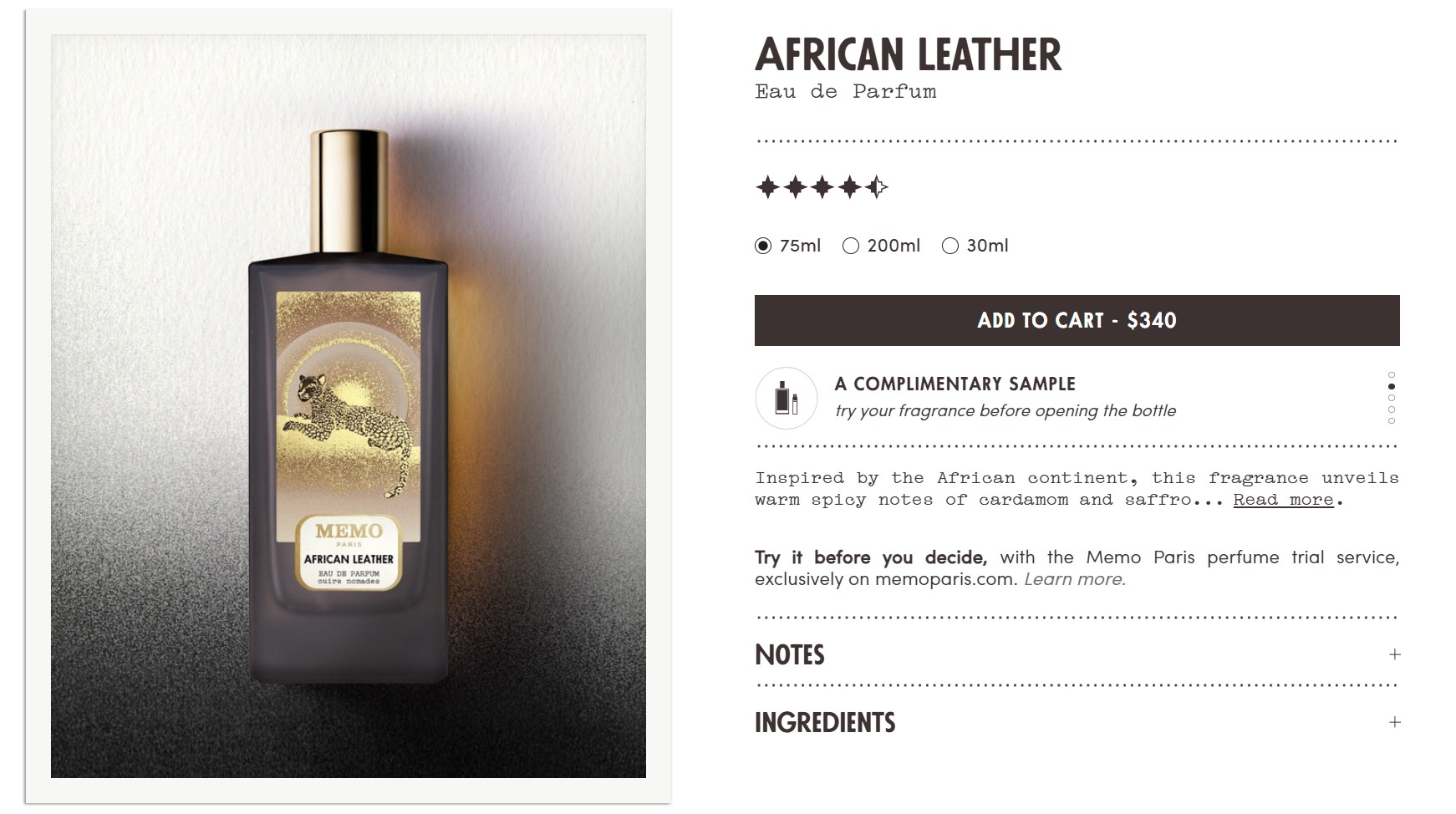 Ecommerce website examples: A black perfume bottle labeled Memo African Leather stands upright, featuring gold artwork of a cheetah and sun. The bottle is set against a gradient black-to-white background. Product details and price are displayed on the right.