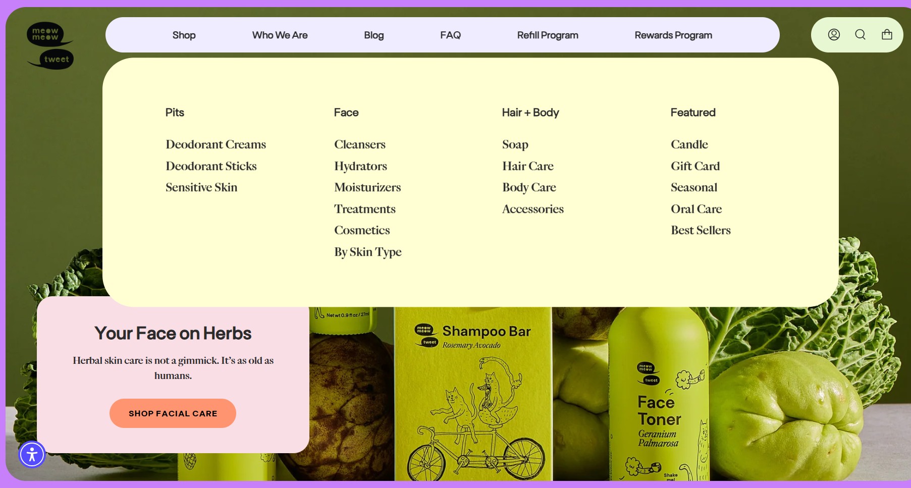 Ecommerce website examples: A website features a navigation menu listing personal care categories and a highlighted section promoting facial care. Green shampoo bars, face toner bottles, and lettuce are displayed at the bottom.