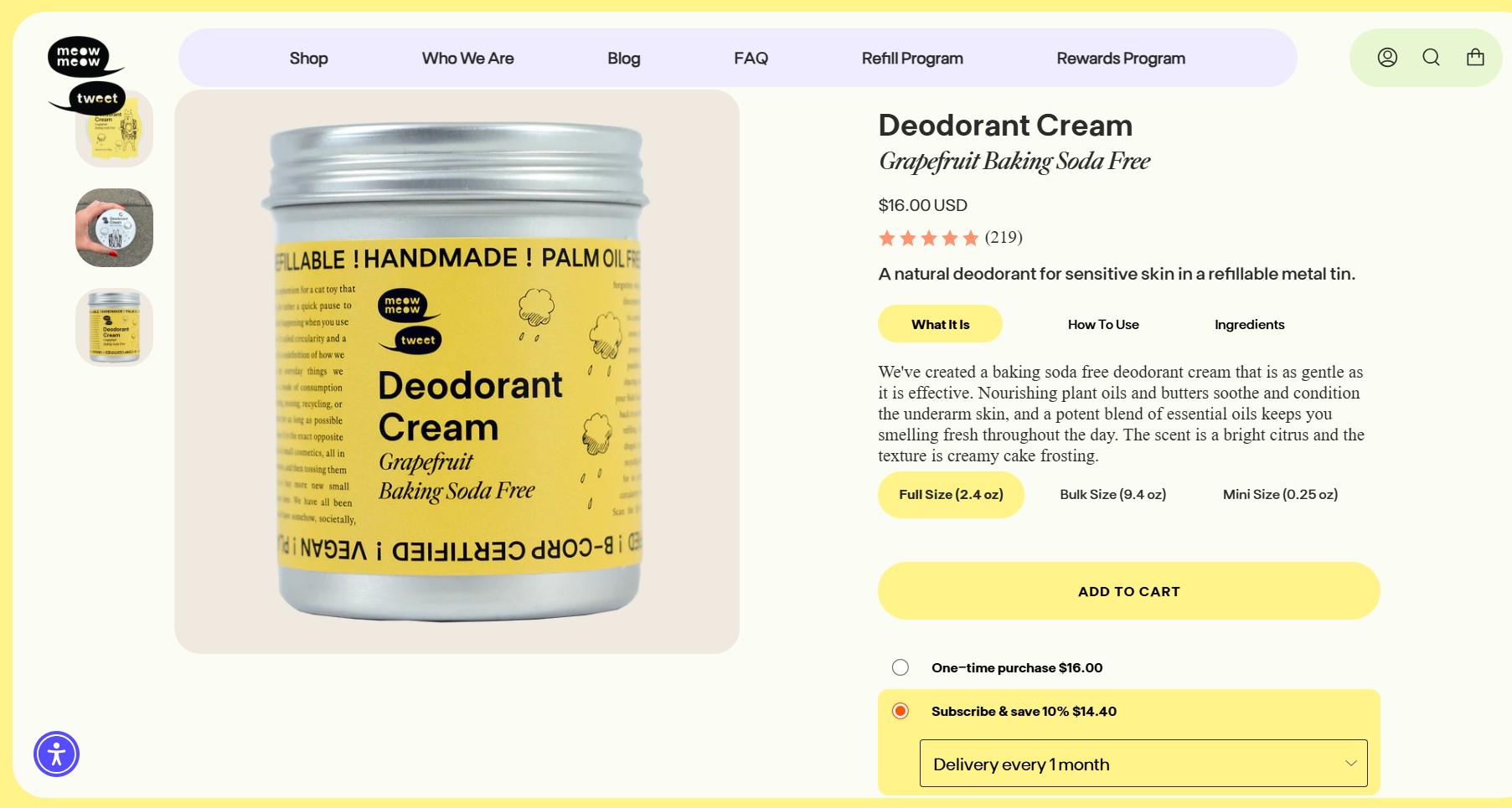 Ecommerce website examples: A product page for a vegan, palm oil free, grapefruit baking soda-free deodorant cream in a yellow metal tin. The page shows the price, rating, description, size options, and Add to Cart and subscription buttons.