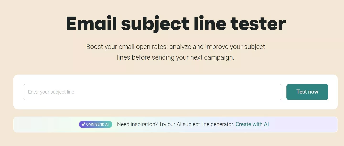 Shopify emails going to spam: A website page titled Email subject line tester with a text box to enter an email subject line, a Test now button, and a banner suggesting an AI subject line generator.