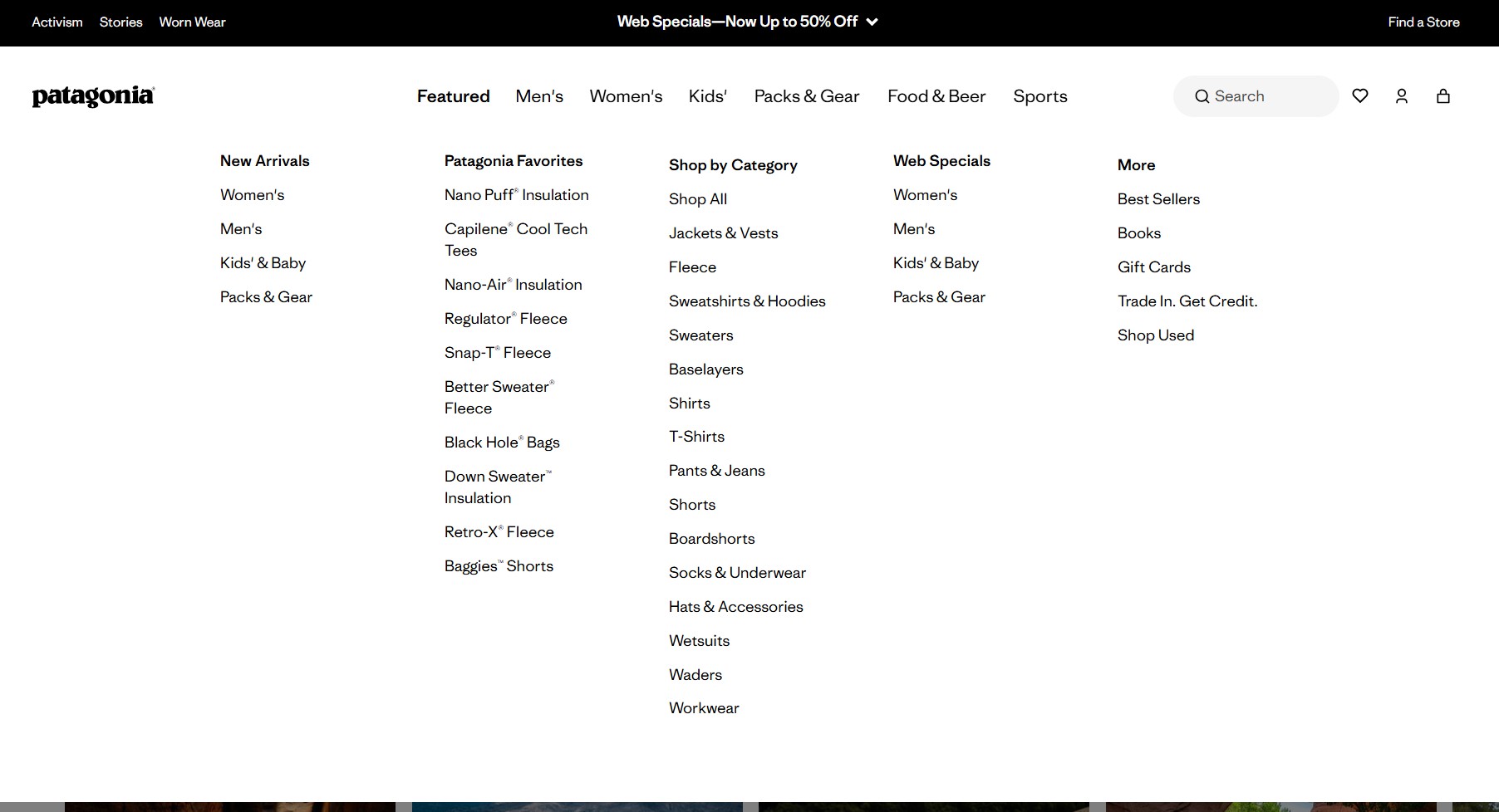 Ecommerce website examples: Screenshot of the Patagonia website navigation menu showing categories like Women’s, Men’s, Kids’, Packs & Gear, Food & Beer, Sports, and featured items such as Nano Puff Insulation and Capilene Cool Tech Tees.