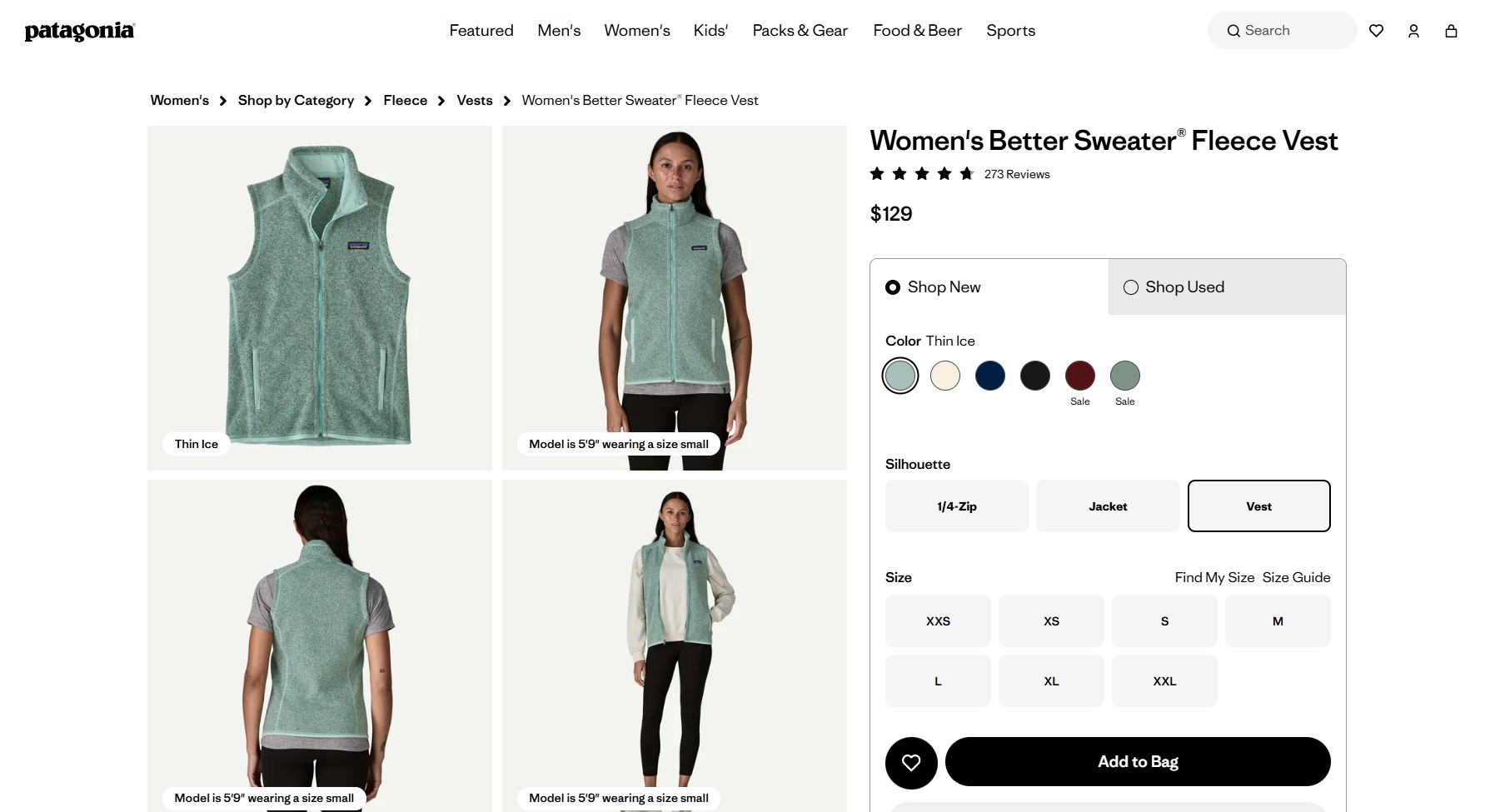 Ecommerce website examples: Screenshot of Patagonia’s website showing the “Women’s Better Sweater Fleece Vest” in light green, displayed on a model from the front and back, along with product details, price, color, size options, and an “Add to Bag” button.