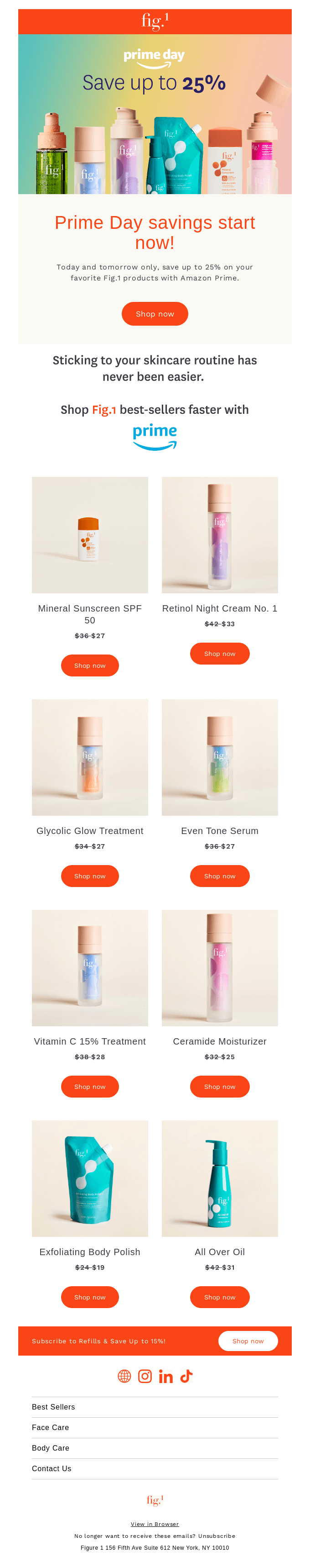 Prime day marketing: A promotional email from Fig.1 for Prime Day, offering up to 25% off skincare products with images and names of featured items like serums, cleansers, and SPF, plus social media links at the bottom.