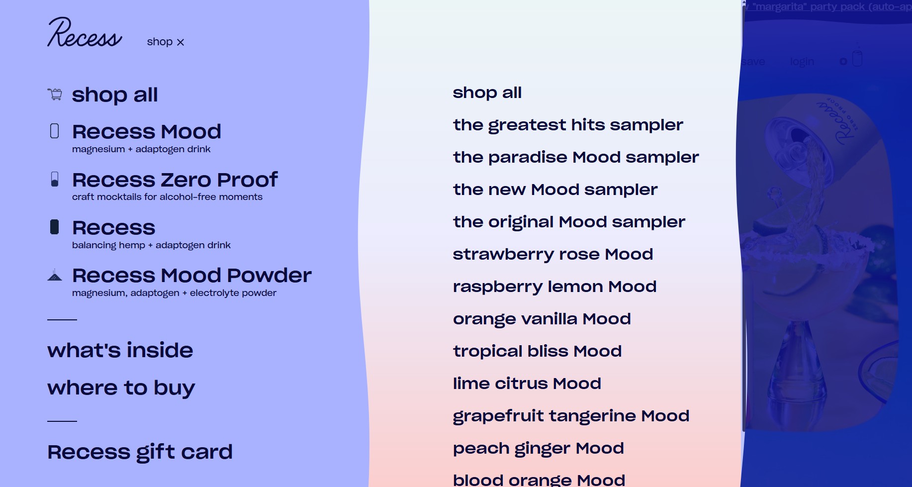Ecommerce website examples: A website menu with a purple-to-pink gradient background. The left side lists categories like “shop all,” “Recess Mood,” and “Recess gift card.” The right side lists various drink flavors, such as strawberry rose Mood and lime citrus Mood.