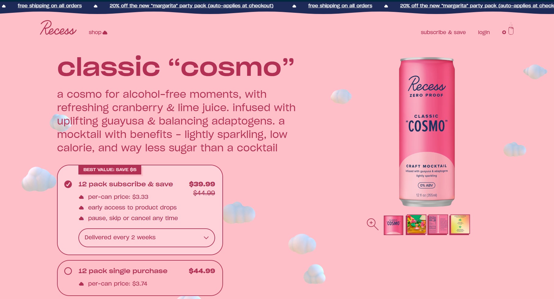 Ecommerce website examples: A pink-themed website page advertises Recess Classic Cosmo, an alcohol-free drink with cranberry and lime. A can is shown on the right, with product details, pricing, and subscription options on the left. Clouds float in the background.