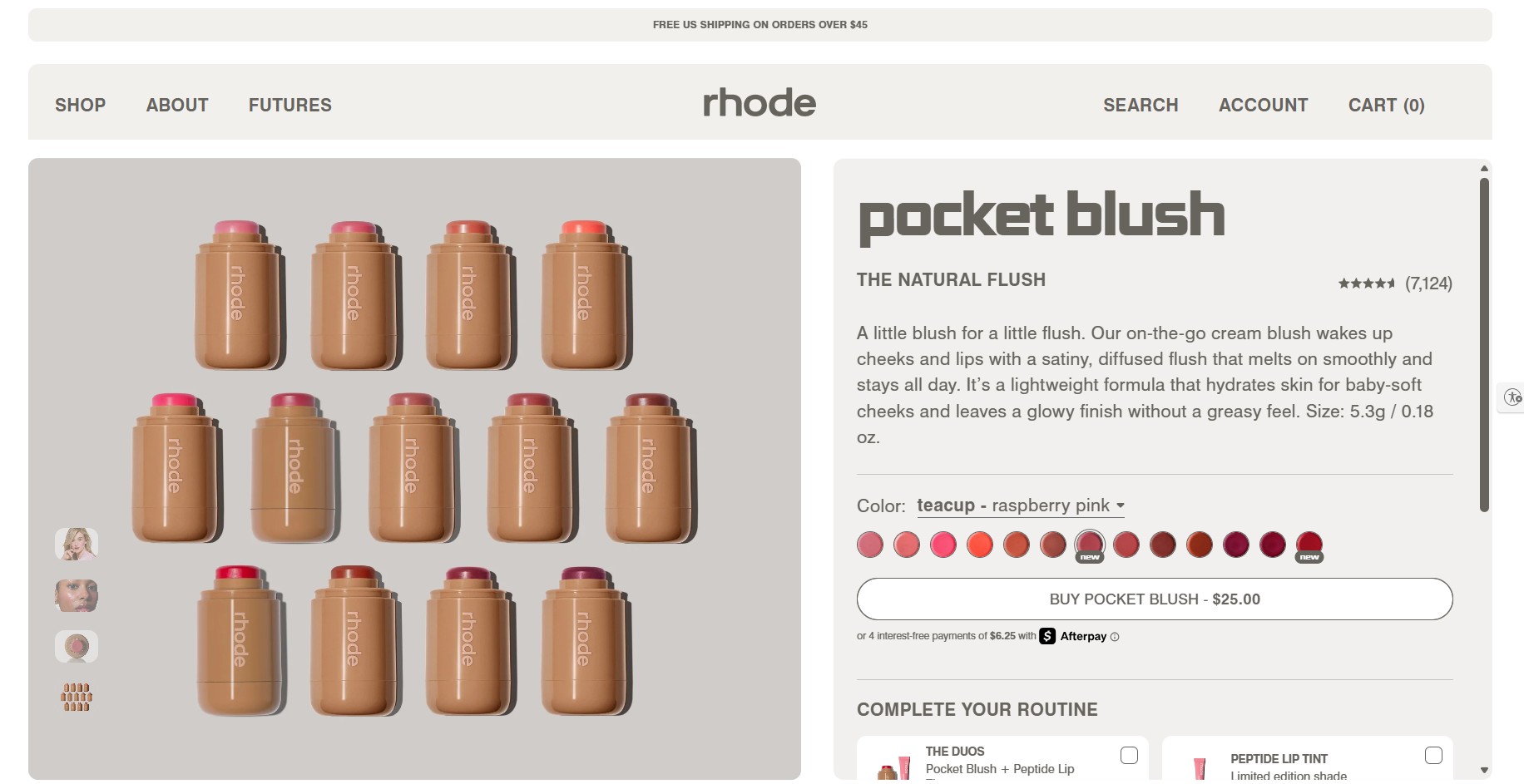Ecommerce website examples: Screenshot of the rhode website displaying “pocket blush,” a cream blush in 12 shades. Blush containers are arranged in rows, with shade names and selection options on the right and product details listed.