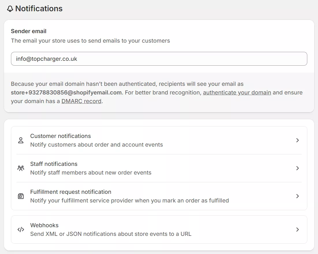 Shopify emails going to spam: Screenshot of the Notifications settings page showing sender email info@topcharger.co.uk, a warning about email authentication, and sections for customer notifications, staff notifications, fulfillment requests, and webhooks.