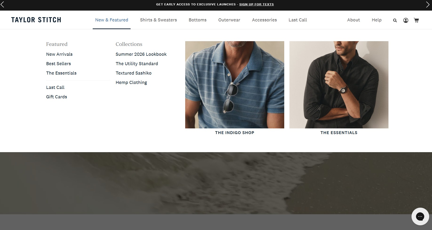Ecommerce website examples: A website menu for Taylor Stitch displays clothing categories and featured collections, with images showing a man in a blue polo shirt and another in a black button-up shirt.