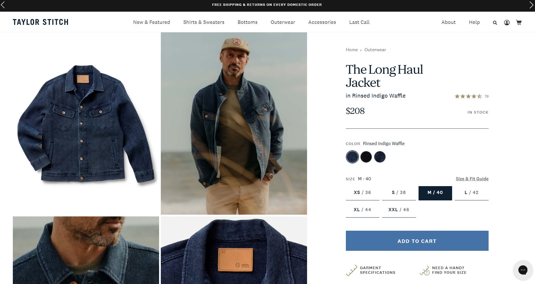 Ecommerce website examples: Screenshot of an online store page for Taylor Stitchs The Long Haul Jacket in rinsed indigo waffle. The page shows product images, jacket details, available sizes, price of $208, and an Add to Cart button.