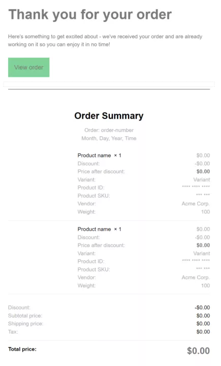 Shopify emails going to spam: Screenshot of an online order confirmation page showing an order summary with product details, prices, discounts, and the total price of $0.00. A green View order button is at the top.