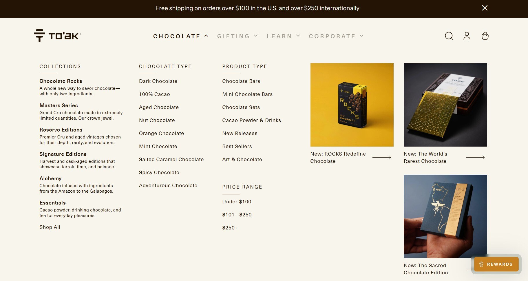 Ecommerce website examples: Screenshot of Toak chocolates website menu showing chocolate categories, gifting options, corporate choices, and price ranges. Featured images display luxurious chocolate boxes: Redefine, World’s Rarest, and Sacred editions.