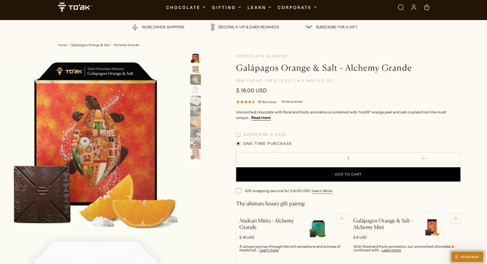 Ecommerce website examples: Screenshot of a product page for Toak chocolate, featuring the Galapagos Orange & Salt - Alchemy Grande bar. The page shows the packaging, chocolate bar, orange slices, price ($16), and purchase options.