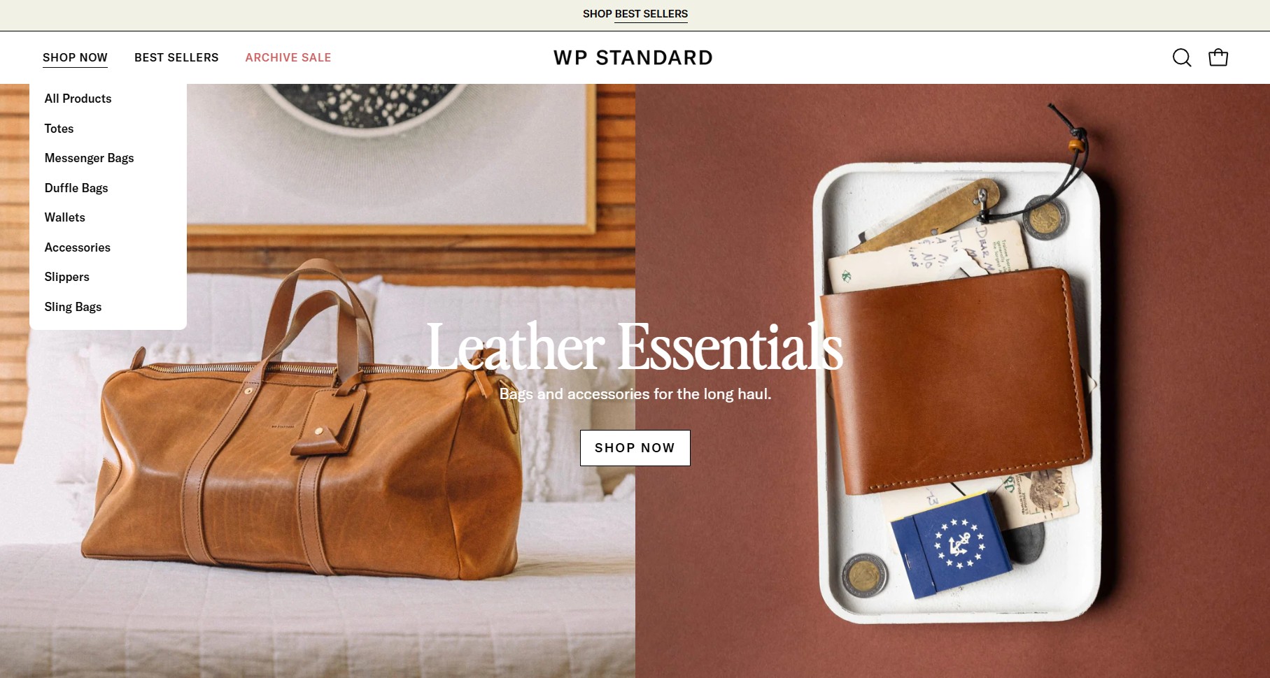 Ecommerce website examples: Screenshot of a website featuring leather bags and accessories. On the left, a tan duffle bag sits on a bed; on the right, a brown wallet is displayed on a tray with various small items. Text reads “Leather Essentials.”.