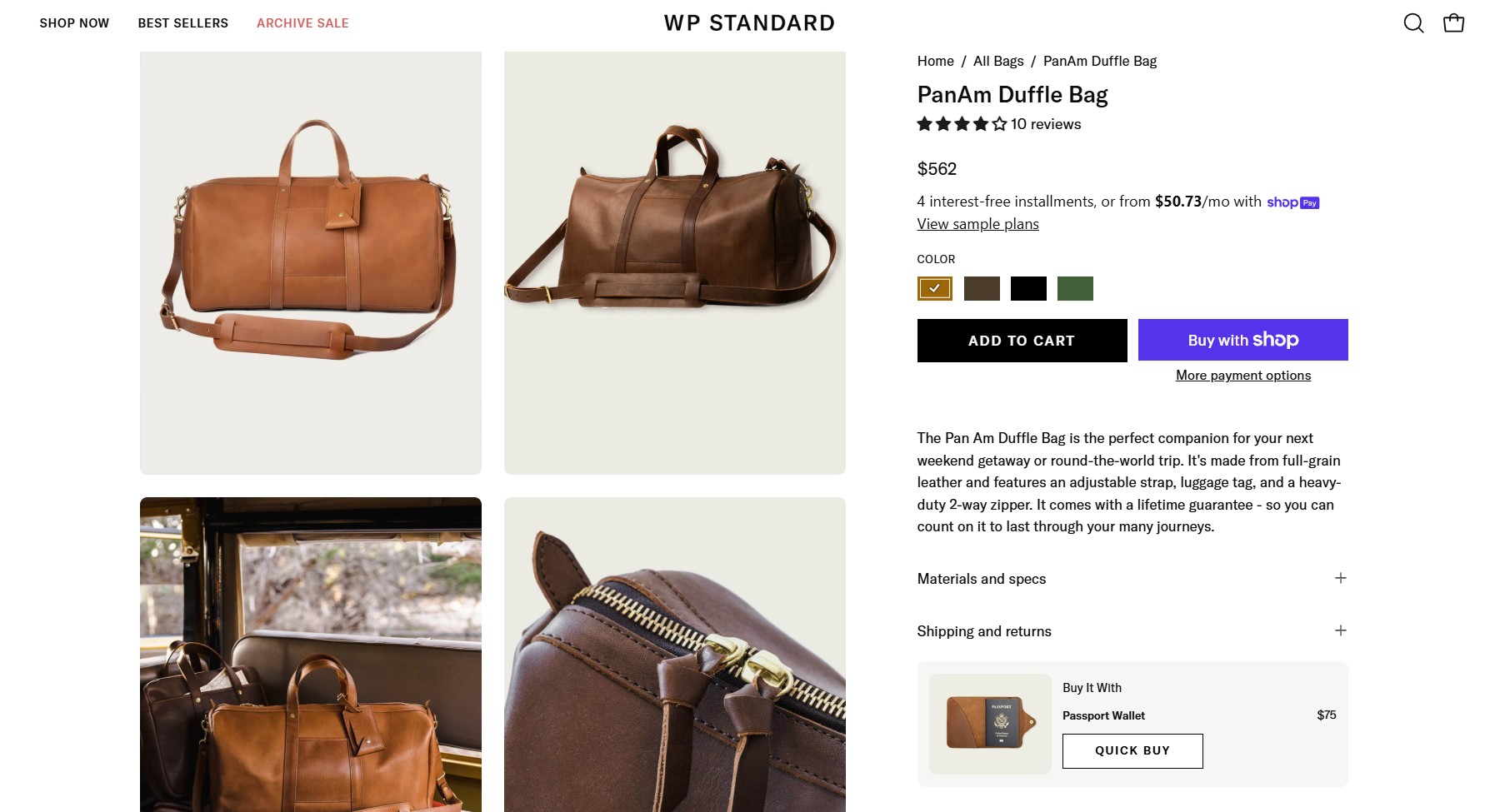 Ecommerce website examples: Screenshot of an online store page featuring a brown leather PanAm Duffle Bag, shown in three images displaying various angles and details, with product description, price, and purchasing options on the right.