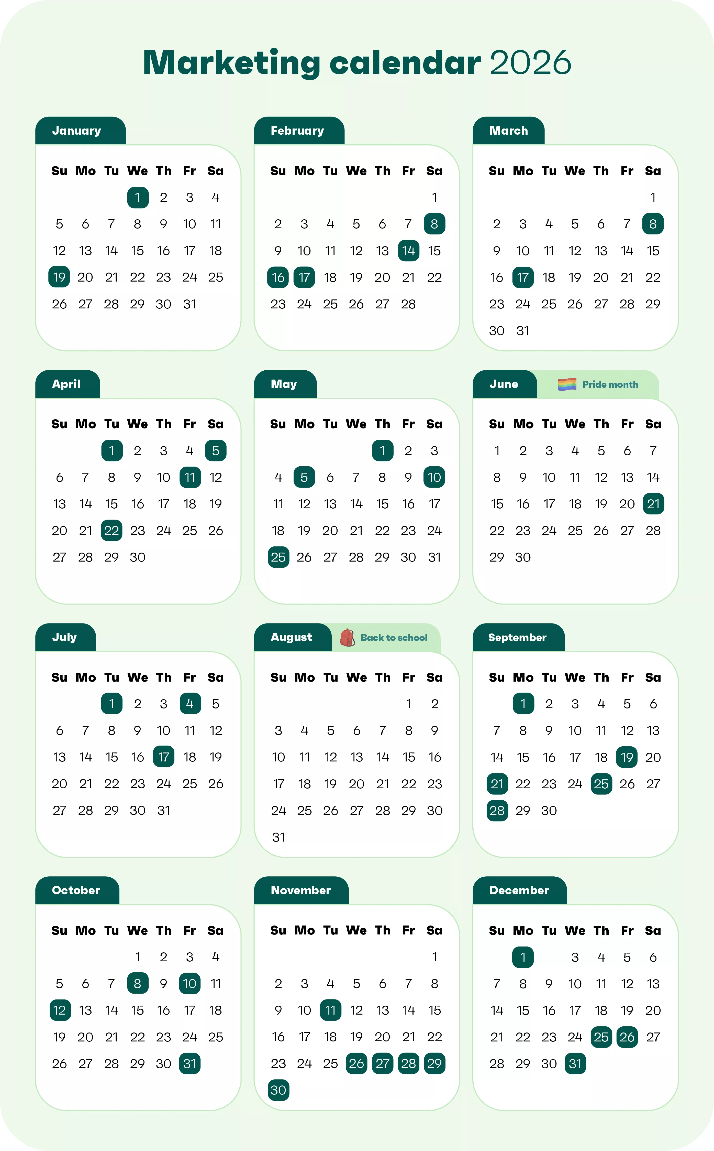 Email marketing calendar: 2026 marketing calendar with each month displayed in a grid. Certain dates are highlighted in green, and August 24 is marked Back to school. June 19 is labeled Pride month.