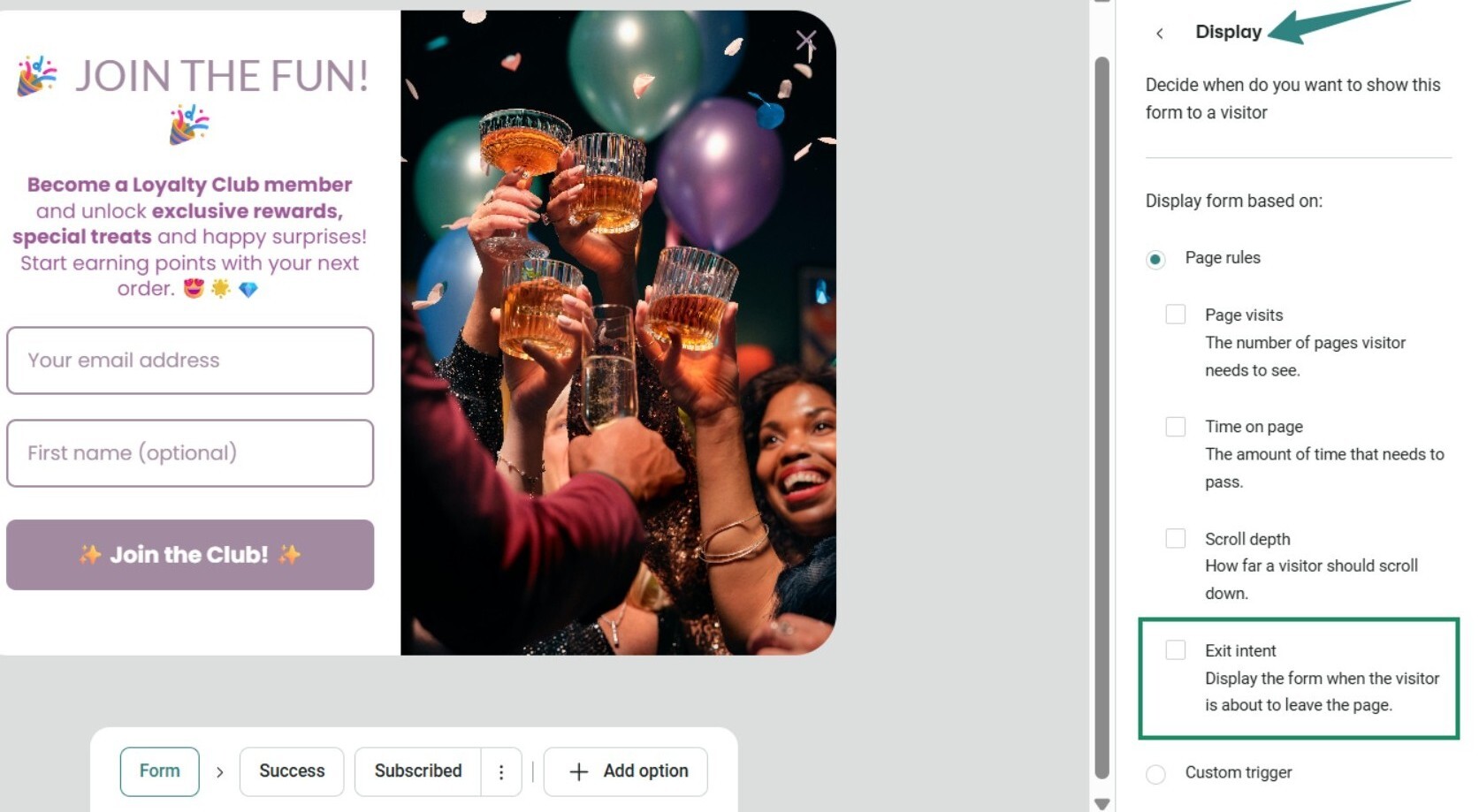 How to grow your email list: A website interface shows a Join the Club! loyalty club sign-up form on the left, with fields for name and email, and a photo of people celebrating with drinks and balloons. Display settings for the form appear on the right.