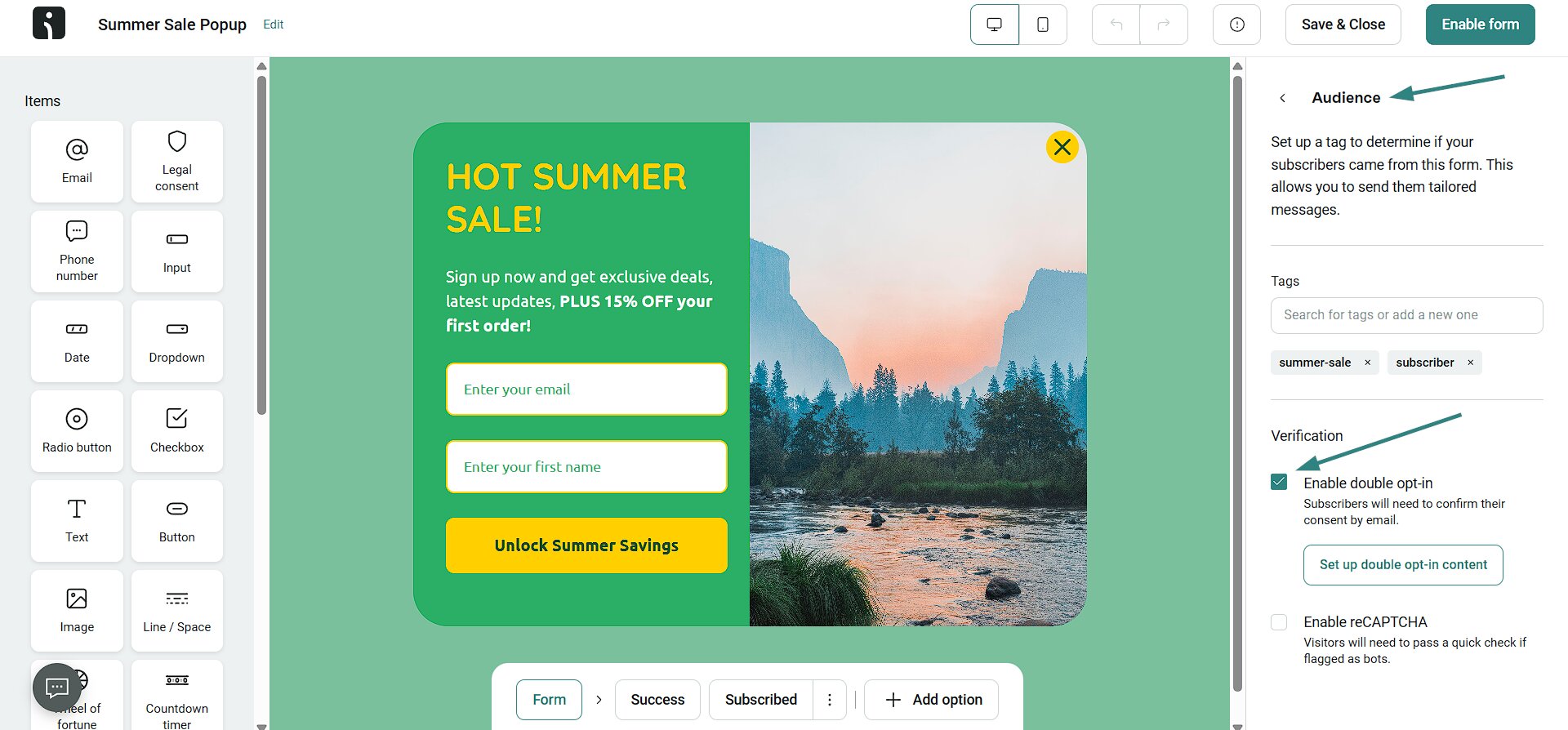 Email deliverability best practices popup with double opt-in and subscriber tags