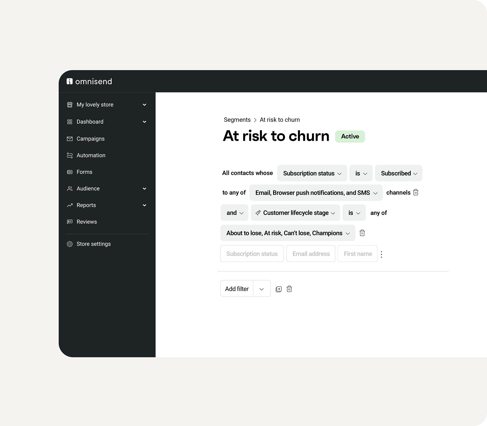 SMS segmentation: A dashboard screen from Omnisend displays a segment titled “At risk to churn,” with filters for communication channels and customer lifecycle stages. Menu options are visible on the left sidebar.