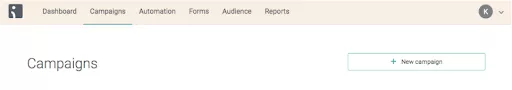 Drip vs. Mailchimp: Screenshot of a web dashboard with a navigation menu showing Dashboard, Campaigns, Automation, Forms, Audience, and Reports. The Campaigns tab is selected. A button labeled + New campaign appears on the right.