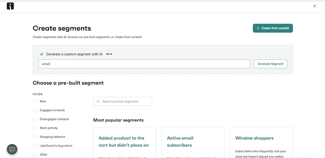 Customer lifecycle segmentation: A dashboard for creating segments, with options to generate a custom AI segment using a keyword search and filter pre-built segments like engaged contacts and active email subscribers. A Create from scratch button is at the top right.