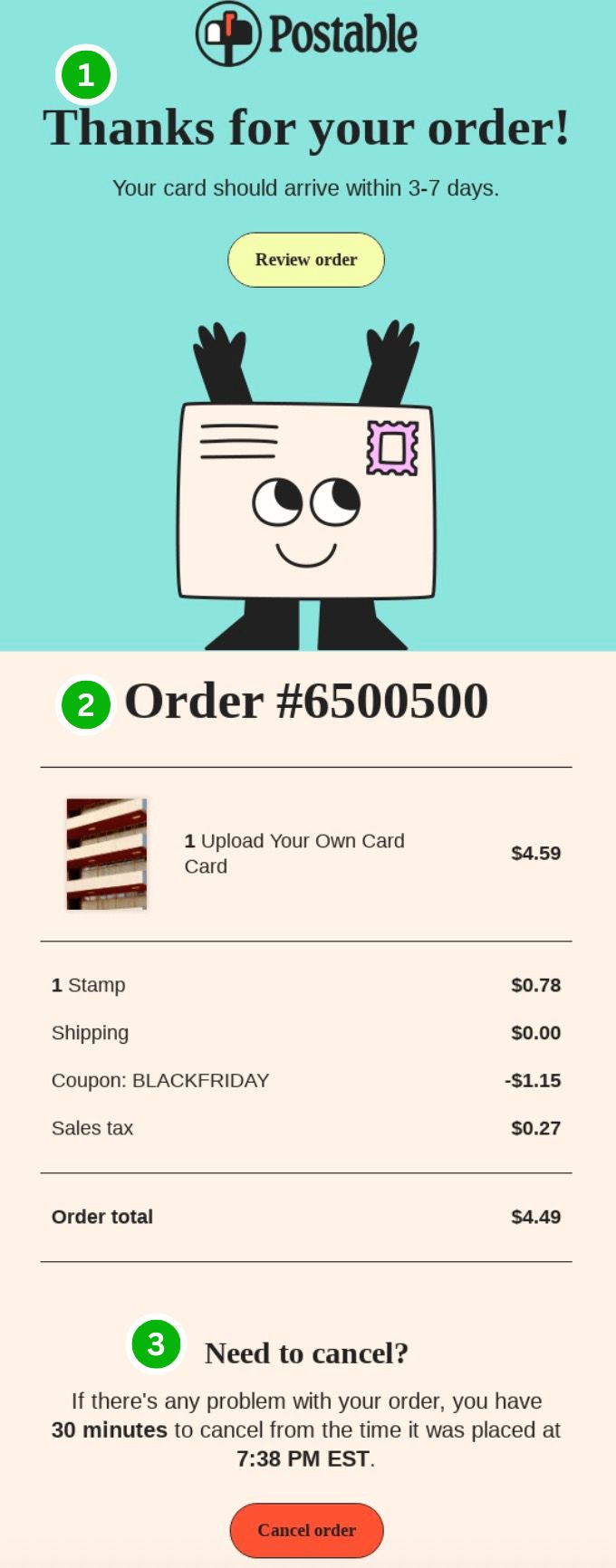 Thank you for your order: A Postable order confirmation page showing a cartoon card character, the order number #6500500, itemized costs for a card, and instructions for order review and cancellation.