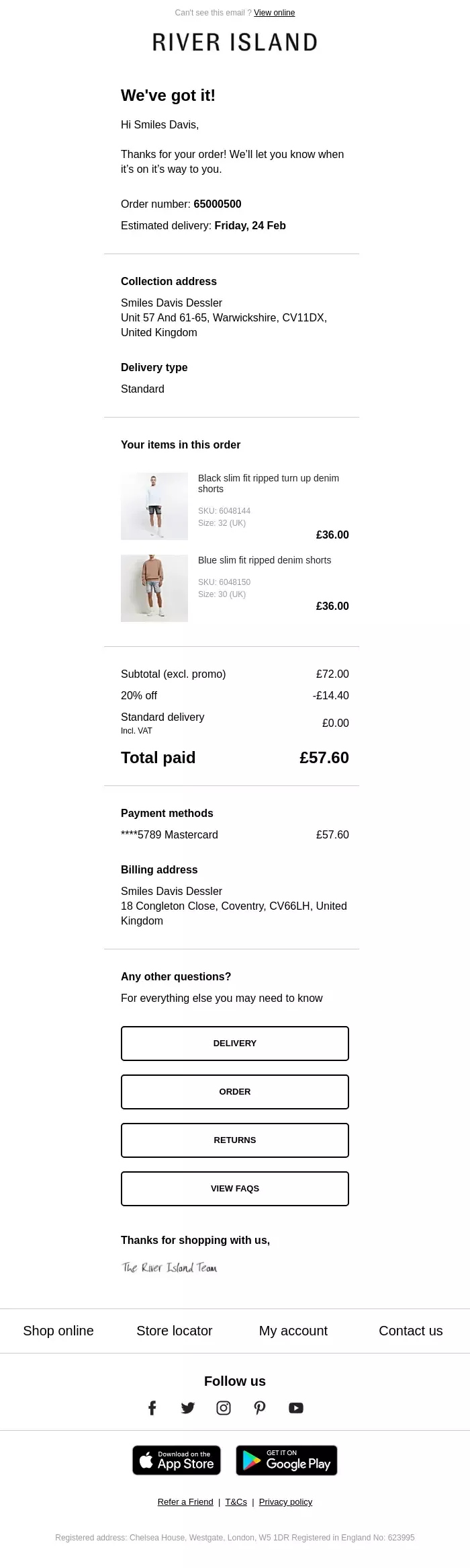 BigCommerce transactional emails: A River Island order confirmation email showing an order summary with delivery details, itemized purchase, subtotal, discount, shipping, total paid, and payment method. Social media and app links appear at the bottom.