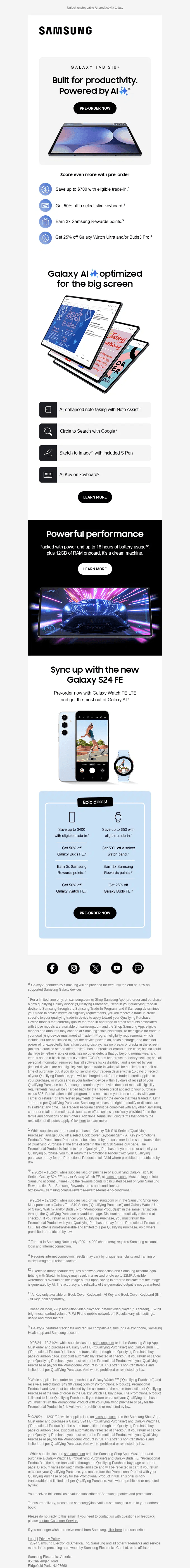 Electronics email marketing: Samsung promotional newsletter showcasing features of the Galaxy tab S10