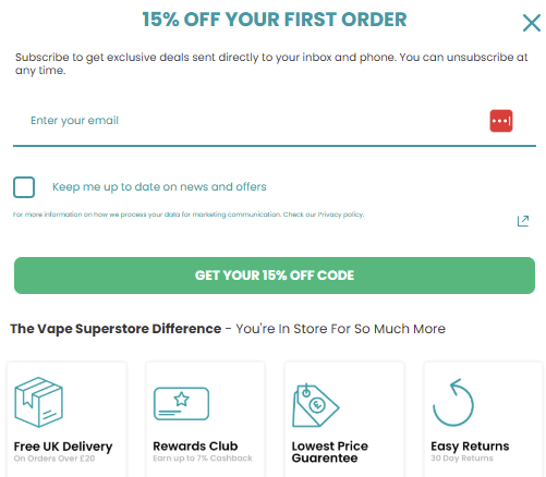 SMS opt-in message examples: A website pop-up offering 15% off the first order for email subscribers. Includes a field to enter an email, a checkbox to receive news, and icons highlighting free delivery, rewards, price guarantee, and easy returns.