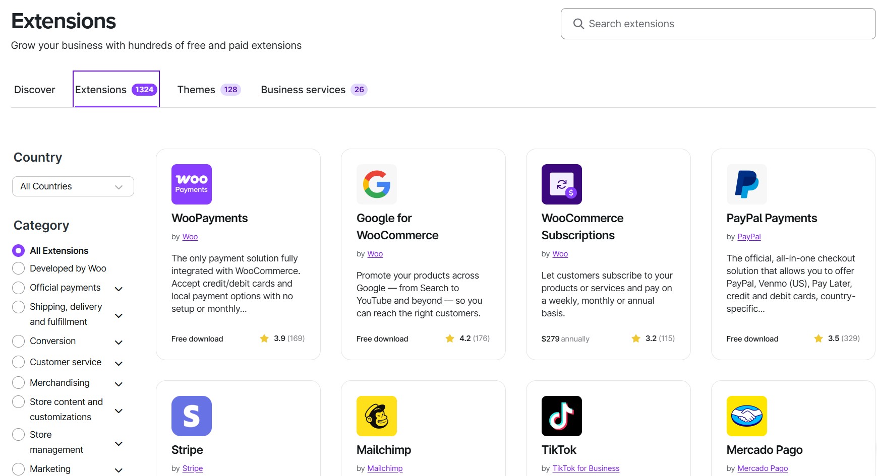 WooCommerce vs. Shopify: Screenshot of the WooCommerce Extensions page showing a search bar, filter options, and a grid of extension cards for services like WooPayments, Google for WooCommerce, PayPal, Stripe, Mailchimp, and TikTok.