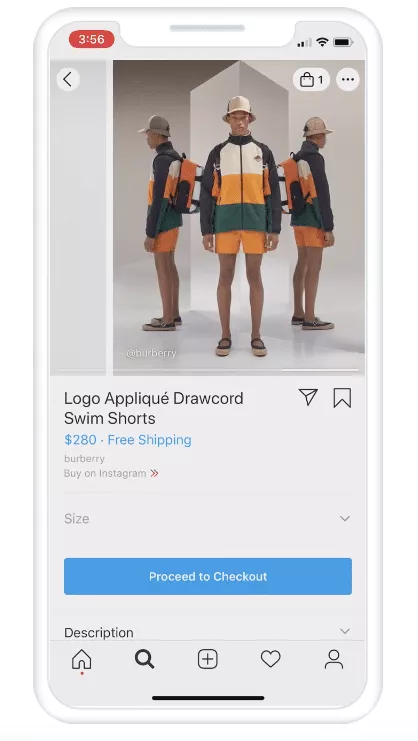 Mobile commerce: A phone screen displays an online shopping app showing a model wearing orange, yellow, and dark green color-block swim shorts and jacket, with a beige hat and backpack. The item price is $280 with a checkout option below.