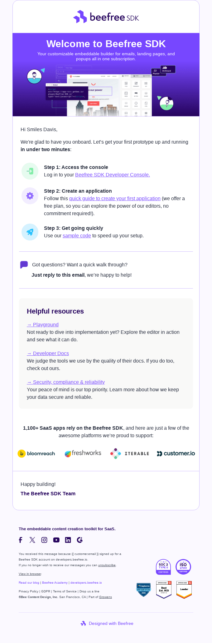 Lifecycle email marketing: An email from BeeFree SDK welcoming a user, outlining three onboarding steps, providing helpful resources, listing SaaS apps, and displaying company logos and contact options in a clean, purple-accented layout.