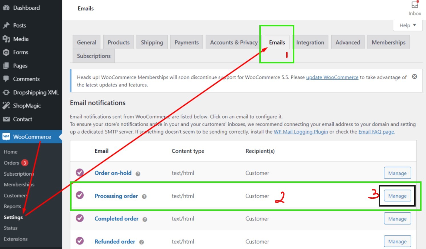 WooCommerce order confirmation email: A WooCommerce dashboard shows the Emails tab highlighted. An arrow points to three email types: Order on-hold, Processing order, and Completed order, each with a Manage button to the right.