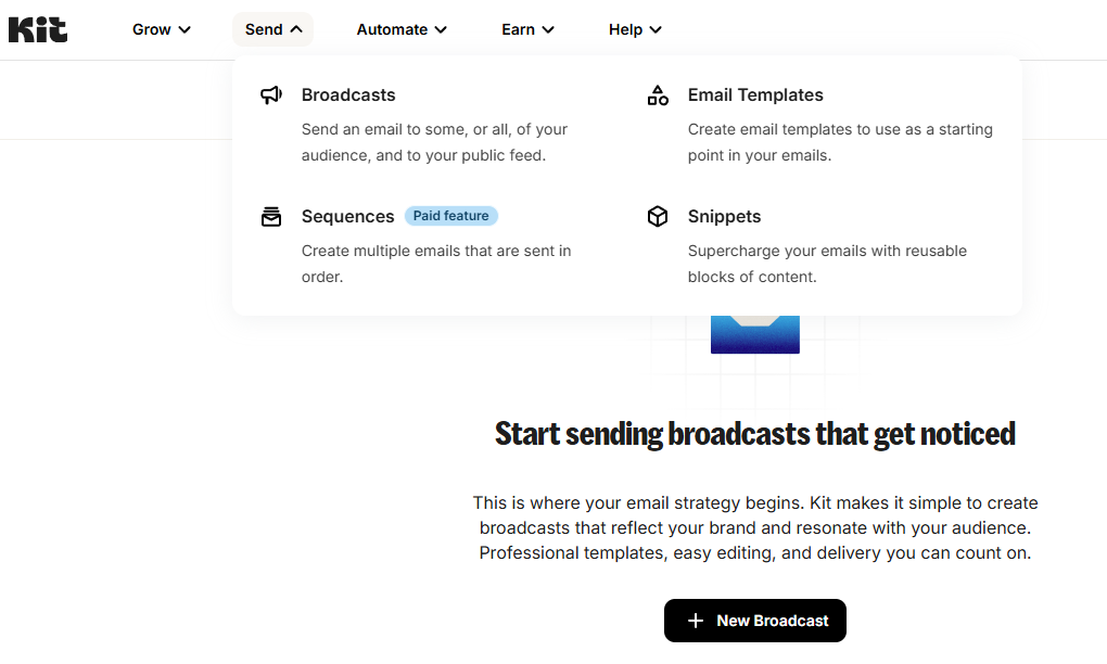 ConvertKit vs Mailchimp: A dropdown menu under Send on the Kit website shows options: Broadcasts, Sequences (noted as a paid feature), Email Templates, and Snippets. Below, text encourages starting email broadcasts with a New Broadcast button.