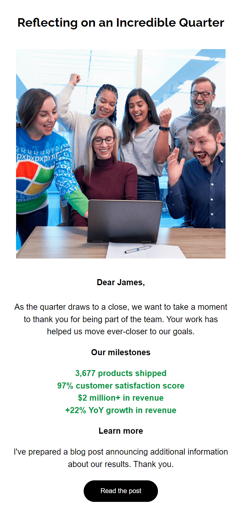 Company newsletter: A diverse group of six colleagues gathers around a laptop, smiling and cheering in celebration. Text below highlights business milestones, including product shipments, revenue growth, and high customer satisfaction.