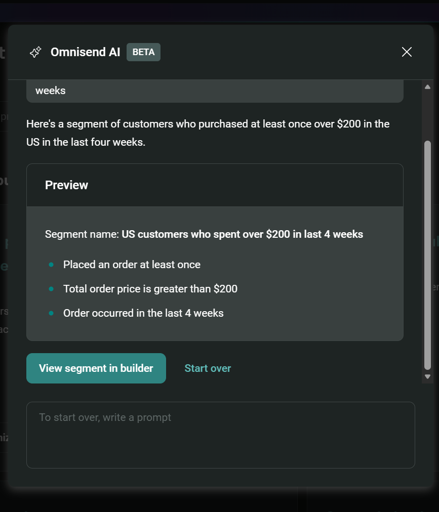 Benefits of SMS marketing: A screenshot of the Omnisend AI tool showing a customer segment preview for US customers who spent over $200 in last 4 weeks, with criteria including order value, one order, and timing within four weeks.