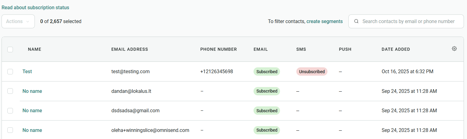 How to stop spam bots on my website: Omnisend subscriber opt-in date view for detecting bot signups.