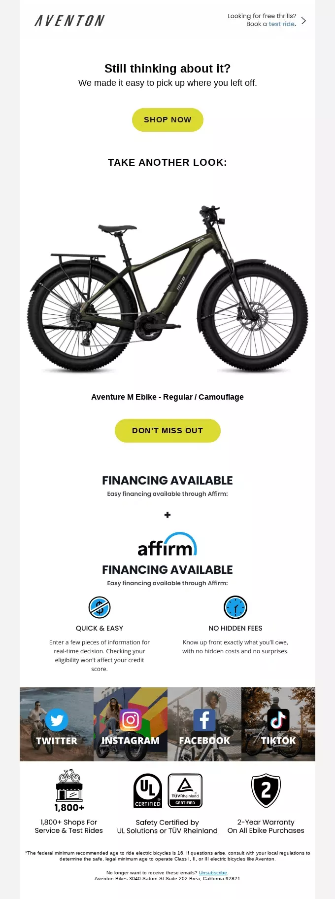 Electronics email marketing: A camouflage-colored electric bike with fat tires is displayed on a white background. Text highlights easy financing options, social media links, and the Aventon logo at the top.