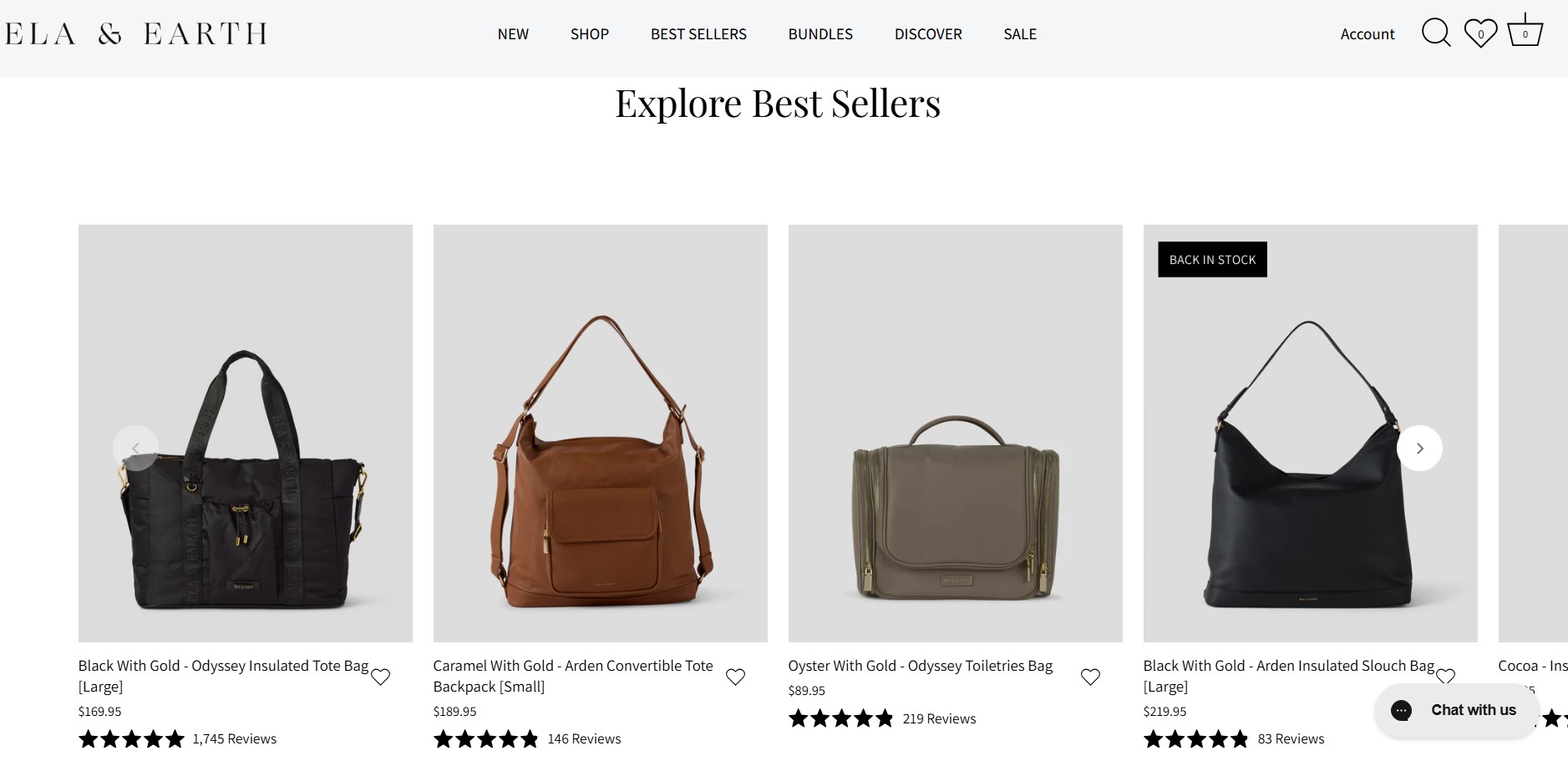 How to make money on Shopify: A carousel of bags on the Ela & Earth website. Featured are a black tote, a caramel convertible backpack, a grey toiletry bag, and a black slouch bag.