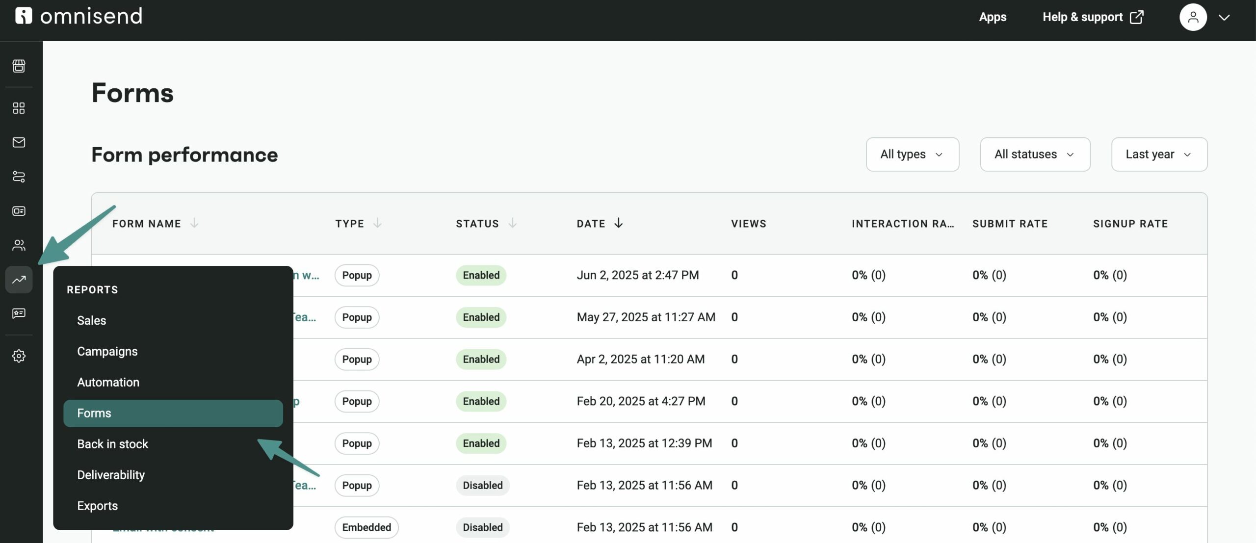 How to grow your email list: A dashboard for Omnisend is shown, with the Forms section highlighted in the sidebar menu. The main area displays a table of various popup forms, their status, and performance metrics.