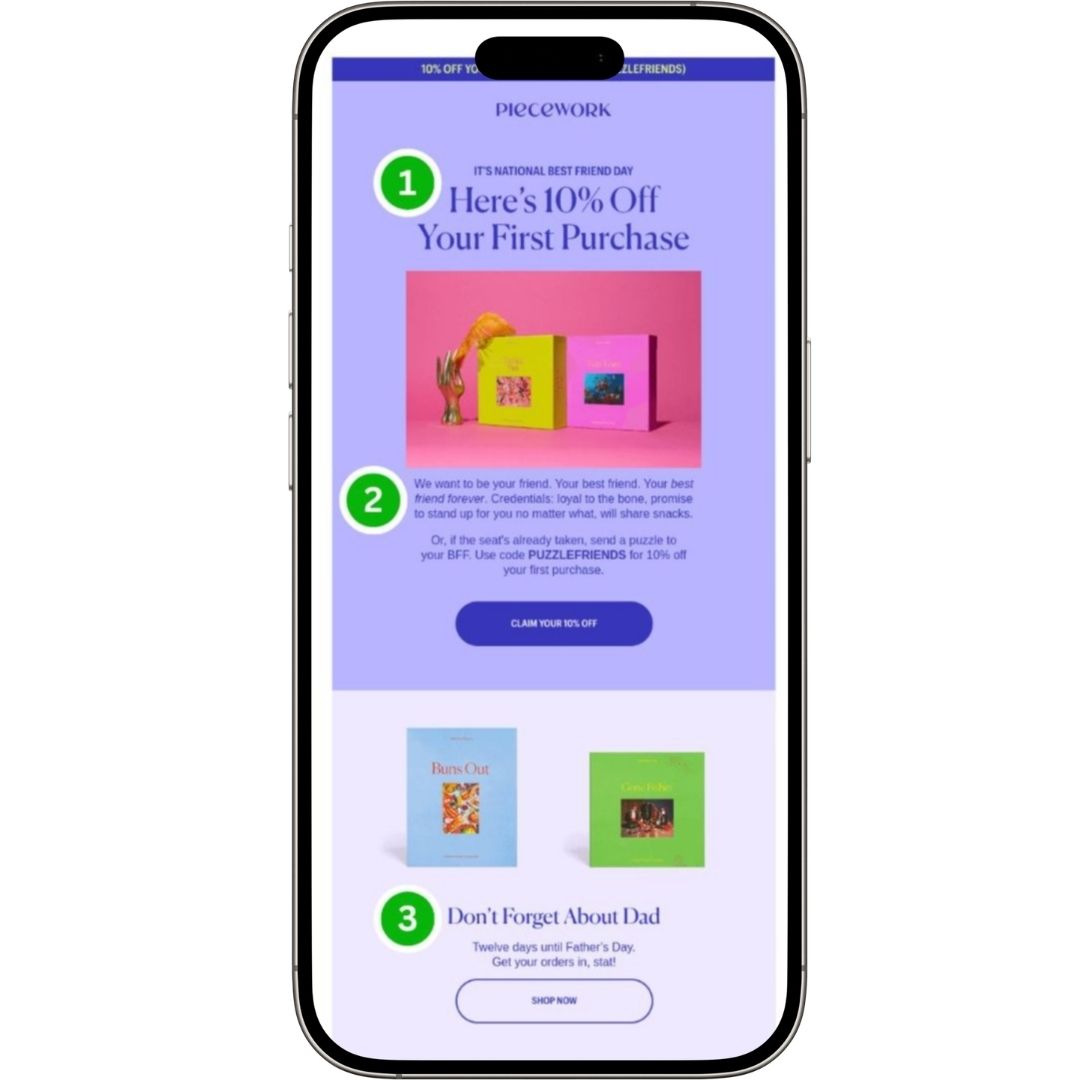 Thank you for your order: A smartphone screen displays a Piecework promo email offering 10% off the first purchase, with colorful puzzle boxes and reminders for Best Friend Day and Father’s Day. Blue, purple, and green accents highlight each section.