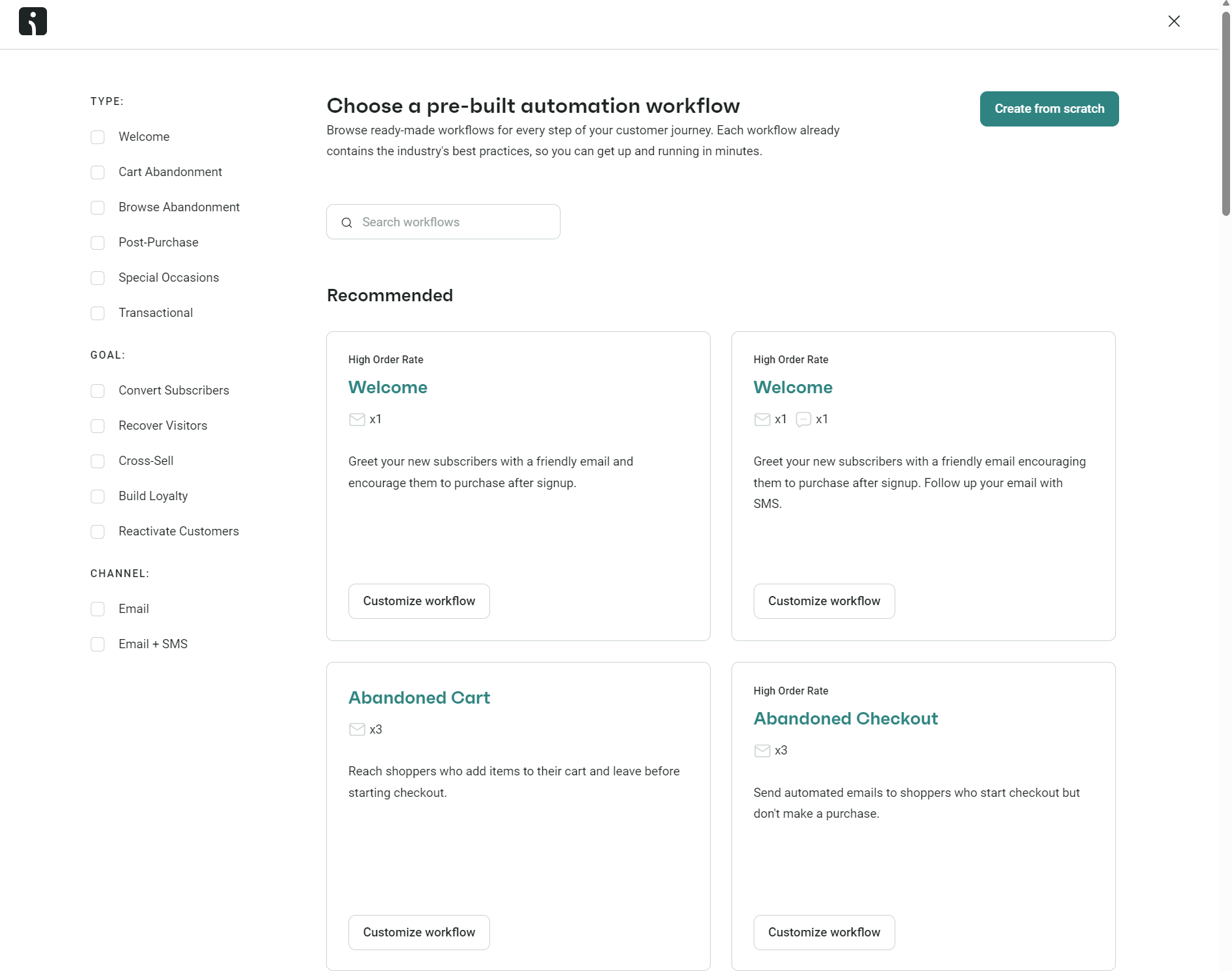 Cheaper than Klaviyo: A webpage interface offering pre-built automation workflows for customer journeys, with options like Welcome, Abandoned Cart, and Abandoned Checkout. The page includes checkboxes and buttons to customize or create workflows.