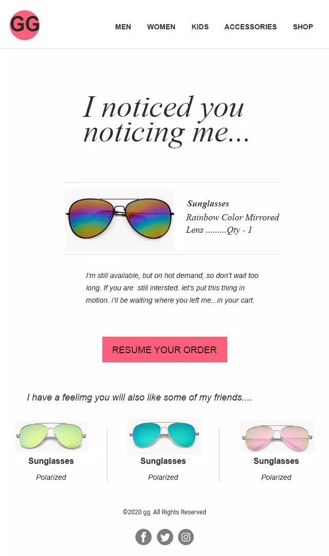 Funny email examples: An online store page displays rainbow-colored mirrored sunglasses with a message encouraging the user to resume their order. Additional polarized sunglasses options are shown in green, blue, and pink below.