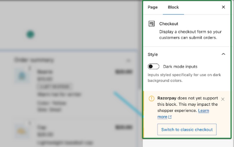 WooCommerce vs. Shopify: A website settings panel shows a warning: Razorpay does not yet support this block. This may impact the shopper experience, with a button labeled Switch to classic checkout.