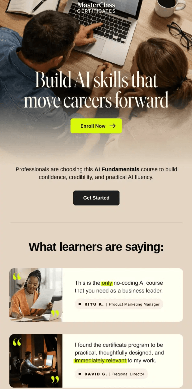 Testimonial advertising: A promotional webpage for an AI Fundamentals course featuring a group of people working together, course benefits, and positive learner testimonials, with buttons to enroll or get started.