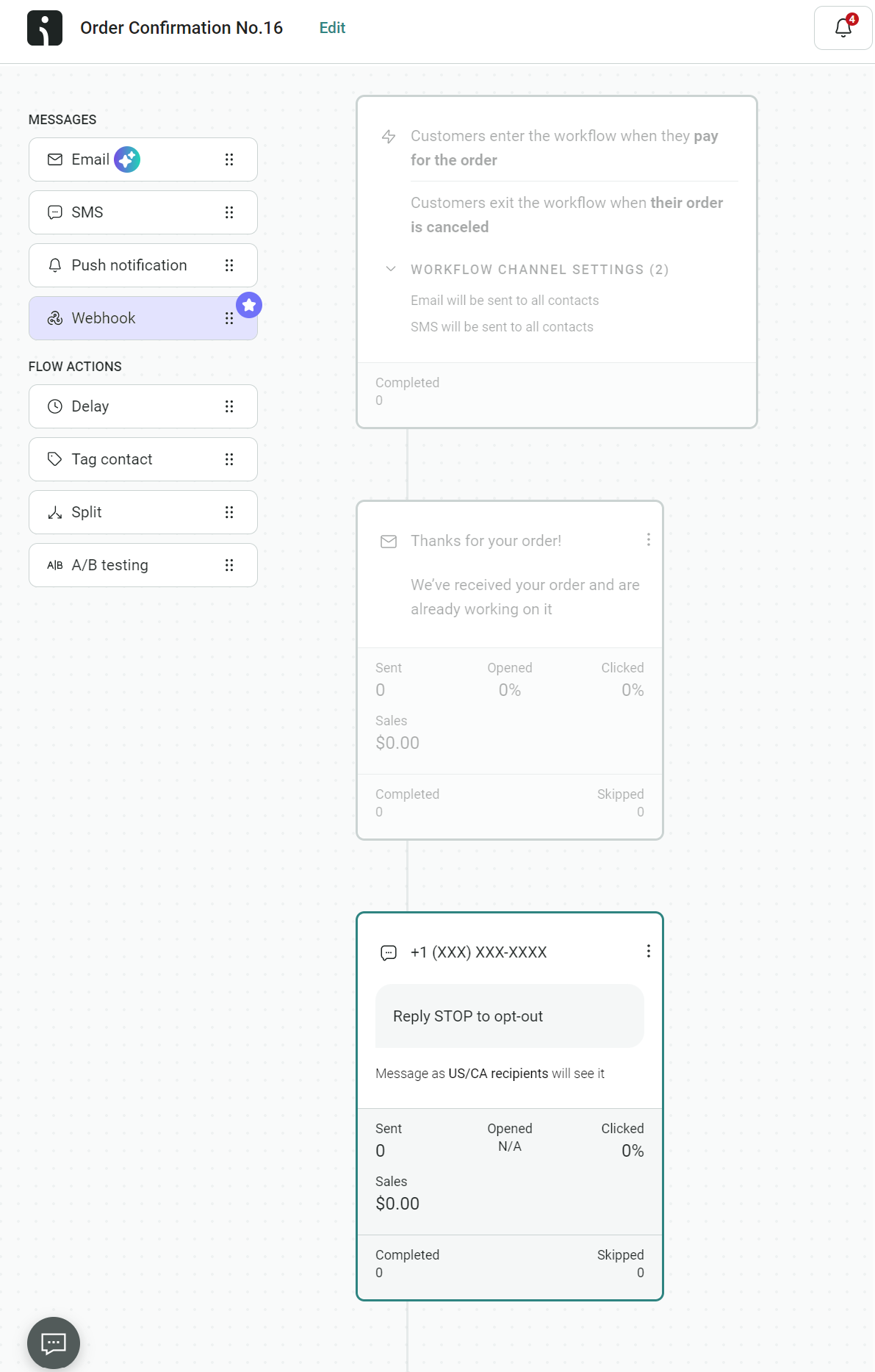 Transactional SMS: A workflow automation dashboard shows a sequence of actions: order payment triggers emails, SMS, push notifications, and a webhook, followed by a thank-you email and an SMS with opt-out instructions. Stats for opened and clicked rates are displayed.