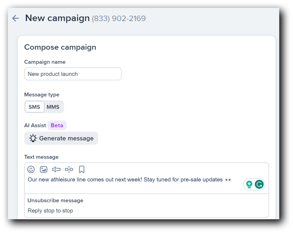 SMS lead generation: A campaign creation screen shows a New product launch campaign name, SMS and MMS options, AI Assist for generating messages, and a sample text about an athleisure line launch with an unsubscribe reply prompt.