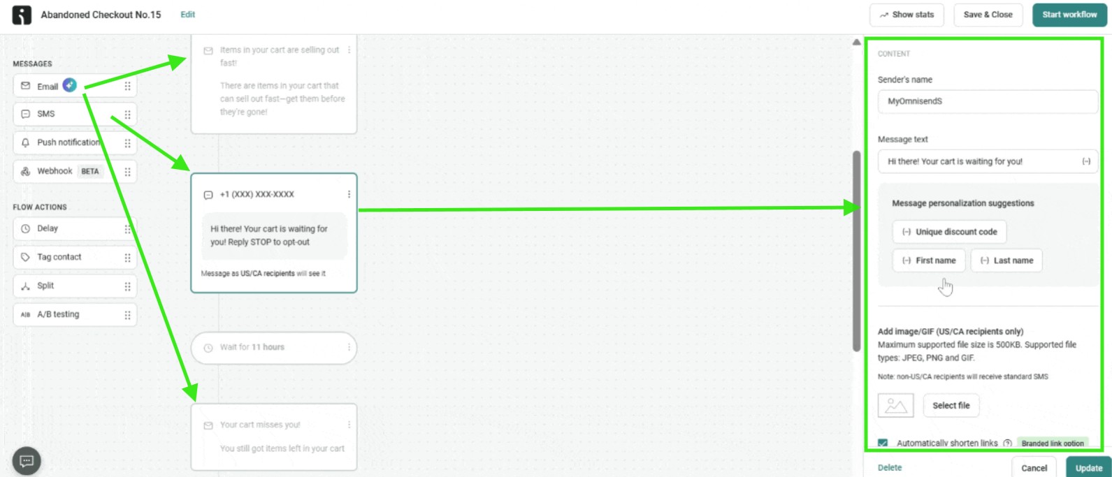 SMS program: Screenshot of an automated workflow setup screen showing an SMS step with a customizable message and personalization options, including unique discount code and first/last name insertion, highlighted by green arrows.
