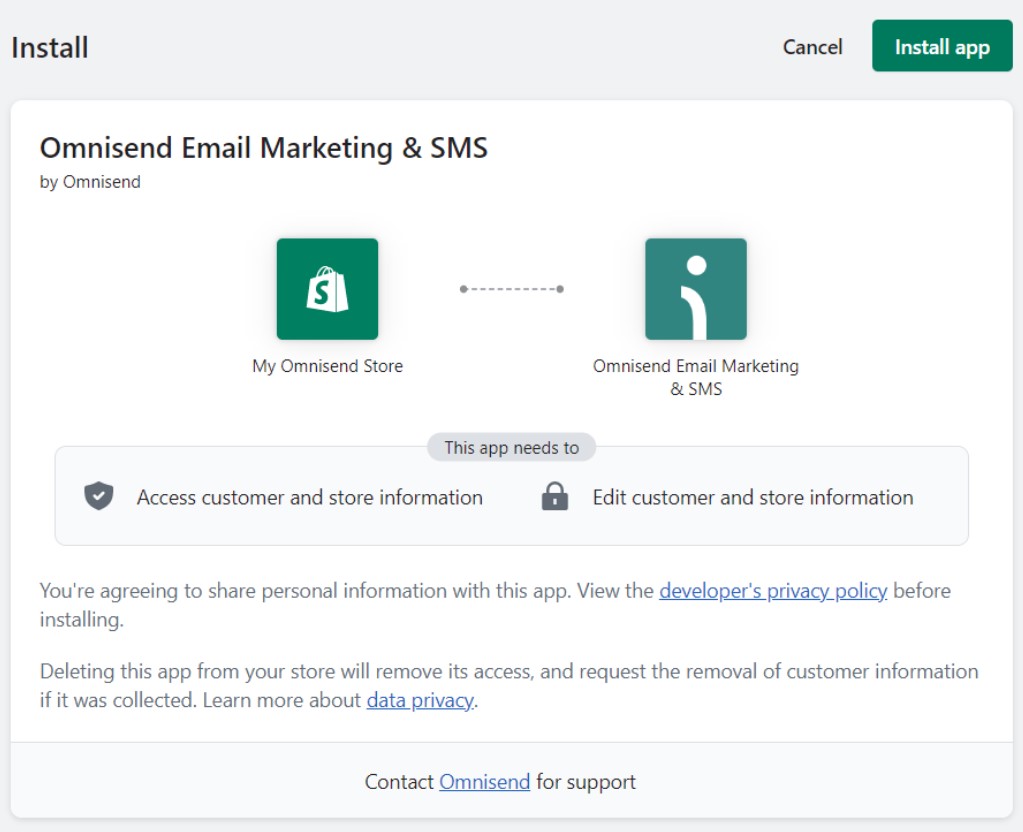 WooCommerce vs. Shopify: Installation screen for the Omnisend Email Marketing & SMS app shows permissions required to access customer and store information, with options to cancel or install the app, and links to privacy information and support.